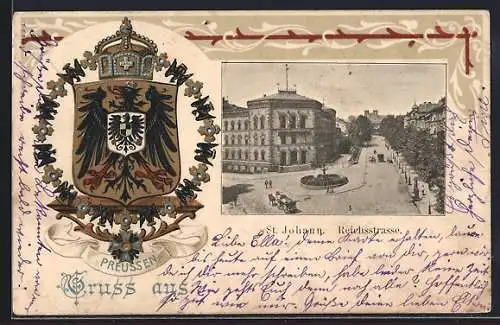 Passepartout-Lithographie St. Johann / Saar, Blick auf die Reichsstrasse mit Wappen Preussen