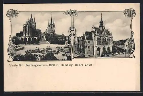 AK Erfurt, Verein für Handlungscommis 1858, Rathaus, Kirche mit Denkmal