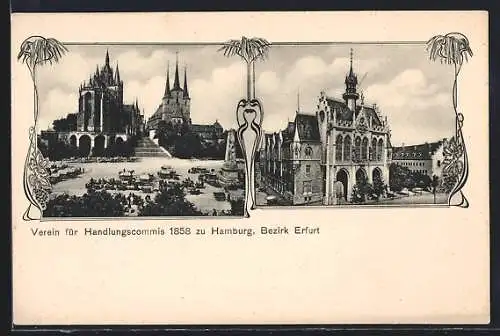 AK Erfurt, Verein für Handlungscommis 1858, Rathaus, Kirche mit Denkmal