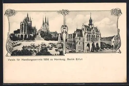 AK Erfurt, Verein für Handlungscommis 1858, Rathaus, Kirche mit Denkmal