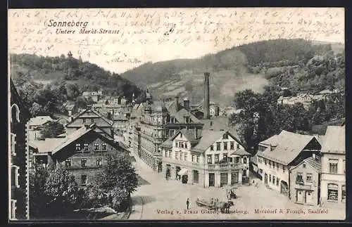AK Sonneberg / Thüringen, Untere Markt-Strasse mit Pferdewagen