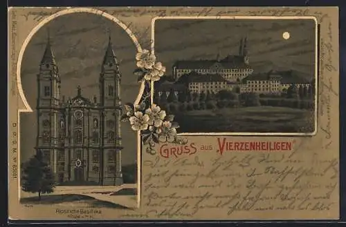 Lithographie Vierzehnheiligen / Basilika, Schloss Banz bei Vollmond, Päpstliche Basilika