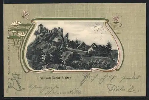 AK Haagen, Röttler Schloss, Burgruine mit Häusern, Ornament-Rahmen, Seerosen, Libellen