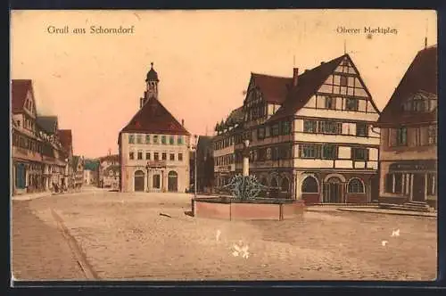 AK Schorndorf / Württ., Oberer Marktplatz mit Geschäften und Brunnen