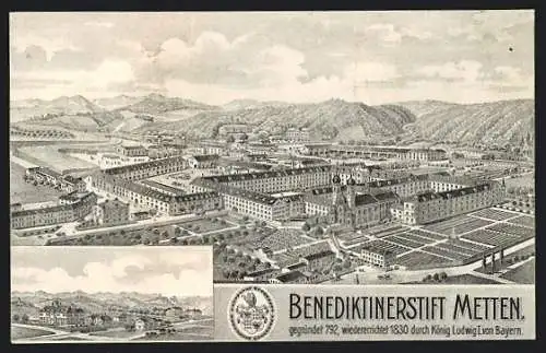 Künstler-AK Metten, Benediktinerstift mit Bergpanorama aus der Vogelschau, Wappen