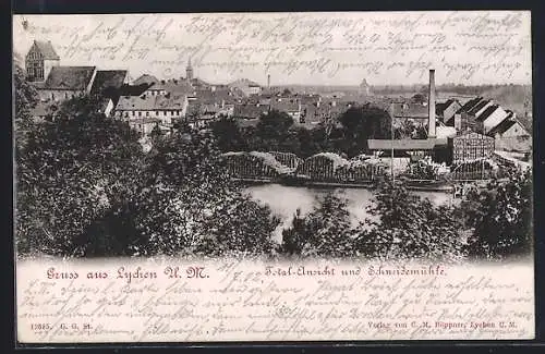 AK Lychen /U. M., Totalansicht und Schneidemühle aus der Vogelschau