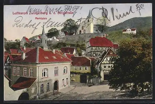 AK Zwingenberg /Bergstrasse, Marktplatz mit Bergpanorama u. Kirchtürmen