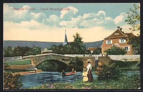 AK Neustadt i. Odw., Obere Mümlingbrücke, Bootspartie, Kirchturm