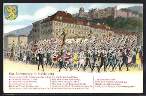 Künstler-AK Heidelberg / Neckar, Sommertag, Umzug vor Burgpanorama, Wappen
