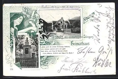 AK Hausen i. W., Hebels Heimathaus, Denkmal, Figur mit Harfe