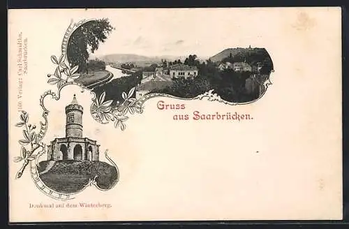 AK Saarbrücken, Denkmal auf dem Winterberg, Panorama mit Flusspartie, Ornament-Rahmen