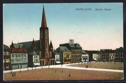 AK Saarlouis, Grosser Markt mit Kirche aus der Vogelschau