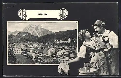 AK Füssen, Totalansicht mit Gipfelpanorama, Trachtenpaar