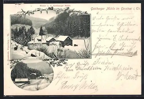 AK Gehlberg, Gehlberger Mühle im Gerathal, Ortsansicht im Winter, Ortspartie mit Hirschen