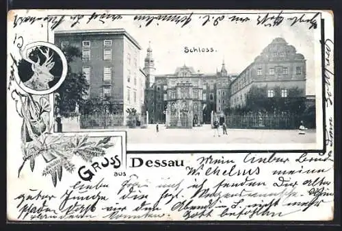 AK Dessau, Schlossansicht, Hirsch, Jagdgepäck