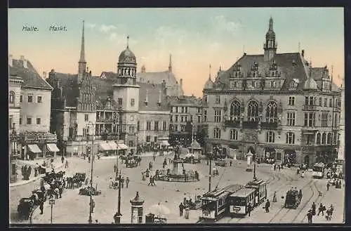 AK Halle / Saale, Strassenbahn auf dem Markt