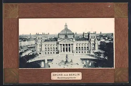 AK Berlin-Tiergarten, Reichstag mit Denkmal aus der Vogelschau, im Rahmen