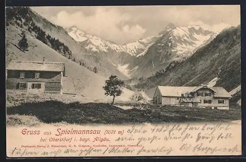 AK Spielmannsau, Ortsansicht mit Gebirgspanorama