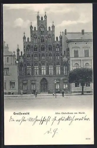 AK Greifswald, Altes Giebelhaus am Markt