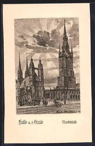 Künstler-AK Halle /Saale, Marktplatz von der Strasse aus