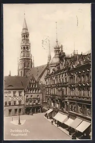 AK Zwickau /Sa., Hauptmarkt mit Turm u. Geschäften aus der Vogelschau