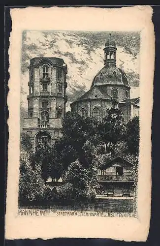 Künstler-AK Mannheim, Stadtpark, Sternwarte und Jesuitenkirche