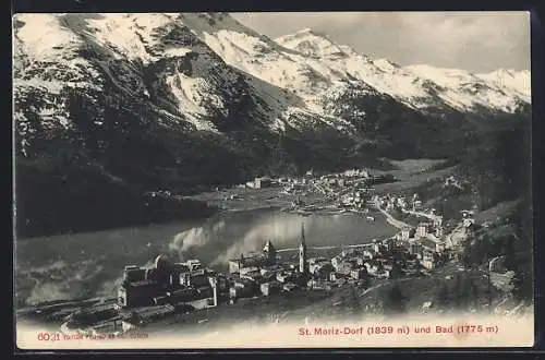 AK St. Moriz-Dorf, Ortsansicht mit Kirche und Bad aus der Vogelschau