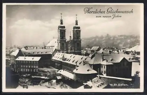AK St. Gallen, Ortsansicht mit Kloster im Winter, Herzlichen Glückwunsch zu Neuen Jahre