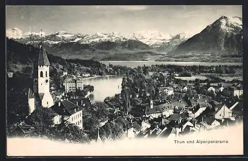 AK Thun, Ortsansicht mit Kirche und Alpenpanorama