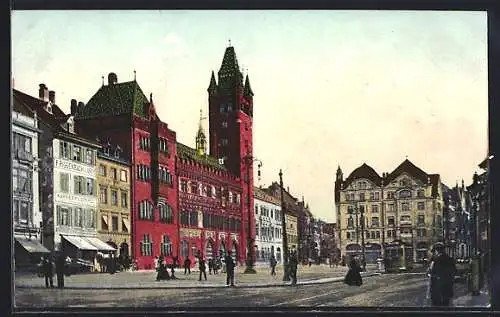 AK Basel, Rathaus mit Strassenbahn