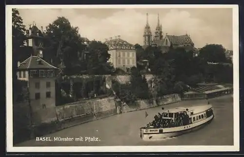 AK Basel, Münster mit Pfalz und Ausflugsmotorboot