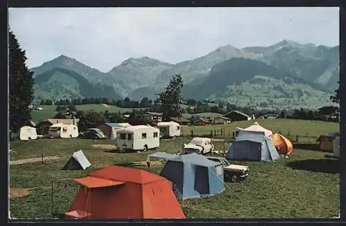 AK Aeschi bei Spiez /Thunersee, Panorama-Camping Rossern, Ausblick gegen Morgenberghorn und Schwalmern