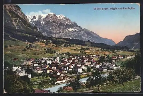 AK Mitlödi, Totalansicht mit Kirche gegen Wiggis und Rautispitze