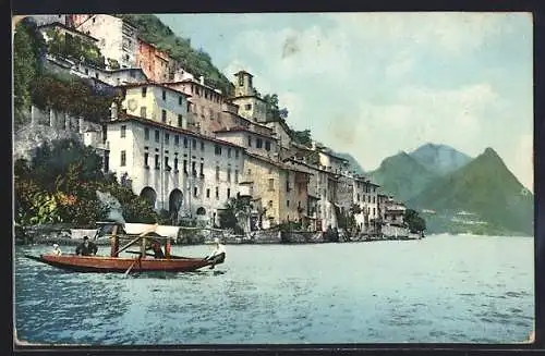 AK Gandria, Ortsansicht am Lago di Lugano mit Barke