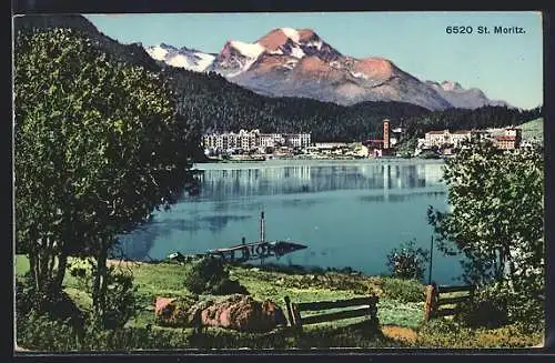 AK St. Moritz, Parkanlagen mit Blick auf die Hotels unter den Bergen
