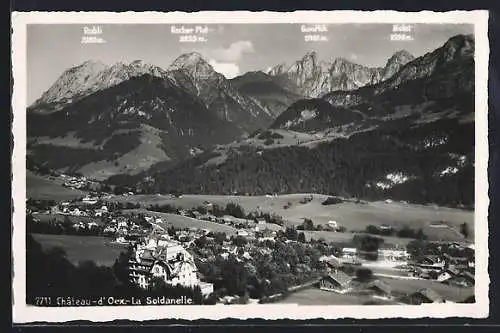 AK Château-d`Oex, La Soldanelle, Panorama mit Gumfluh, Rocher Plat und Biolet