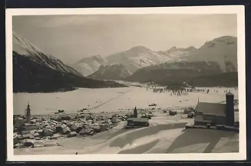 AK Samaden, Ortsansicht mit Kirche im Schnee
