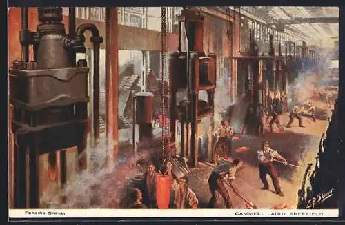 Künstler-AK Sheffield, Cammel Laird, Forging Shell