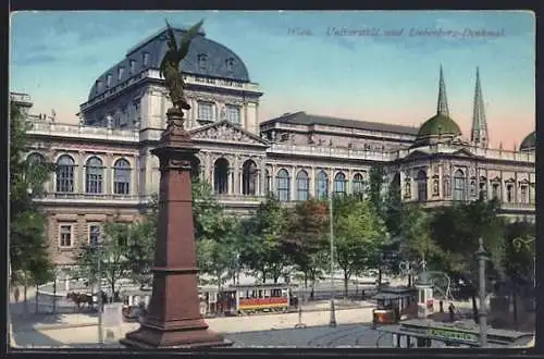 AK Wien, Universität und Liebenberg-Denkmal, Strassenbahn
