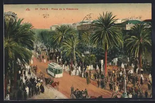 Künstler-AK Tunis, Place de la Residence, Strassenbahn