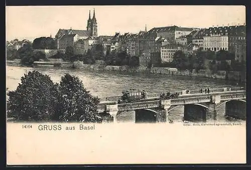 AK Basel, Flusspartie mit Brücke und Strassenbahn