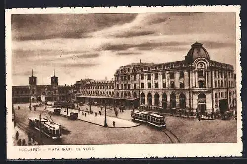 AK Bucuresti, Piata Garii de Nord, Bahnhof, Strassenbahn