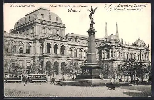 AK Wien, K. k. Universität, Liebenberg-Denkmal, Strassenbahn