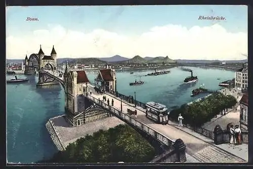 AK Bonn, Blick auf die Rheinbrücke mit Strassenbahn