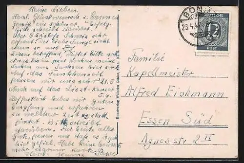 AK Bonn, Blick auf die Rheinbrücke mit Strassenbahn