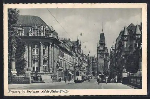 AK Freiburg im Breisgau, Strasse mit Strassenbahn