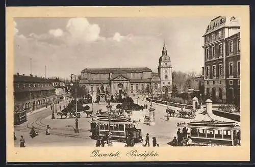 AK Darmstadt, Paradeplatz mit Strassenbahnen