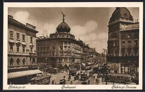 AK Budapest, Rákóczi Strasse mit Strassenbahn