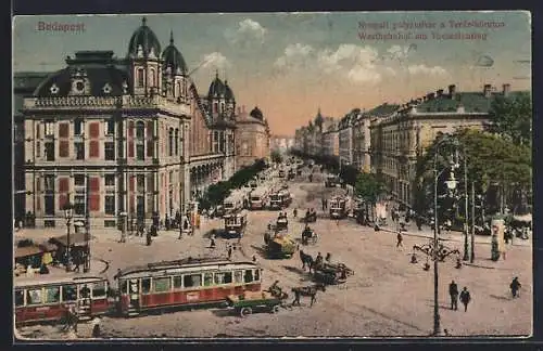 AK Budapest, Westbahnhof am Theresiensteig mit Strassenbahn