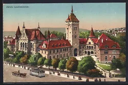 AK Zürich, Landesmuseum mit Strassenbahn